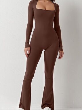 Brown Qinsen Seamless long sleeve flat leg body suit athletic suit one piece